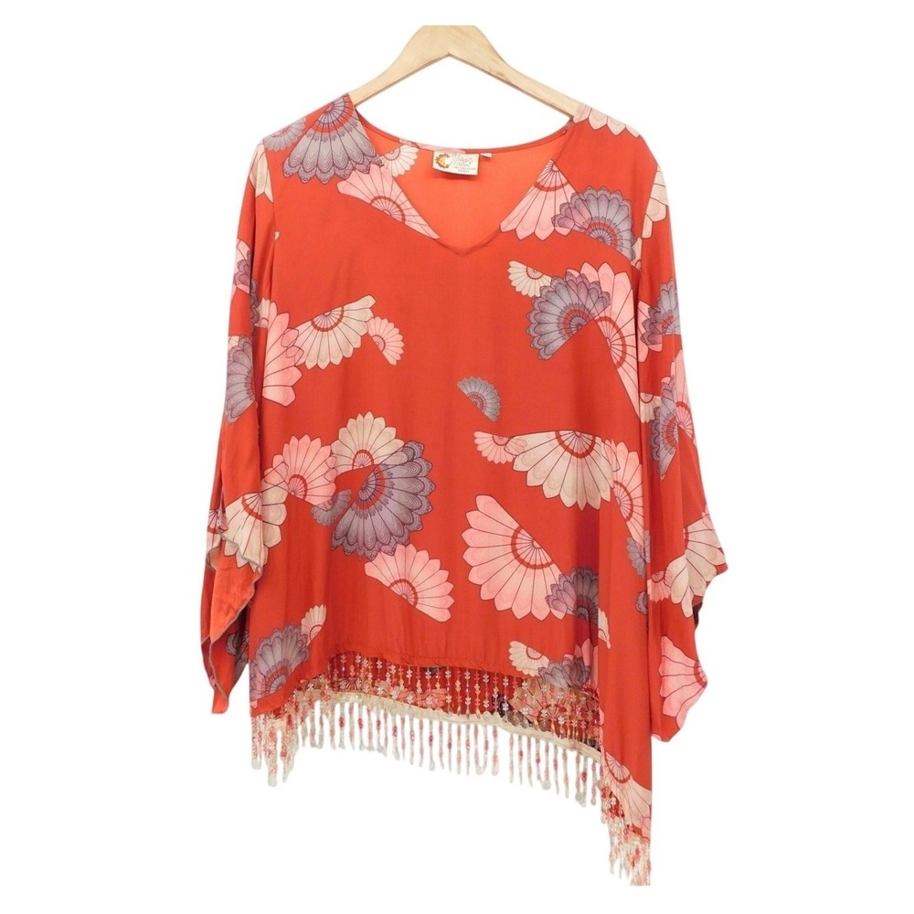 Magic of the Moon Cabo‎ San Lucas Fan Print Beaded Fringe Tunic Top Orange 1X